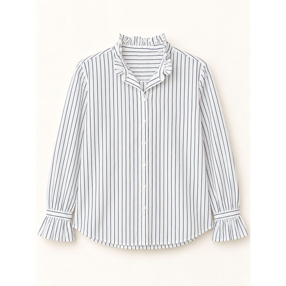 WNU With Nothing Underneath Kew Striped Cotton Blouse US 12 Ruffle Collar